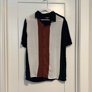 Express Men's Black, White, and Brown Striped Shirt